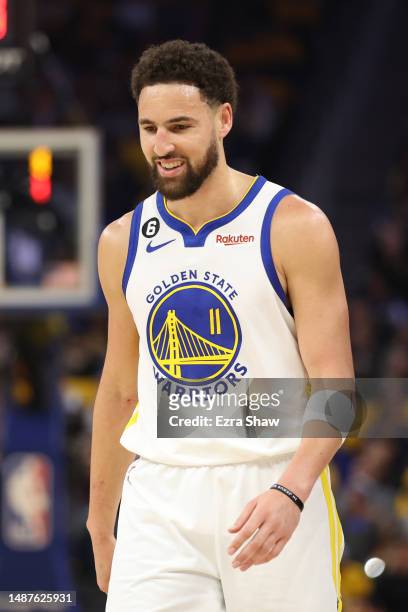 Klay Thompson of the Golden State Warriors looks on against the Los Angeles Lakers during the first quarter in game two of the Western Conference...