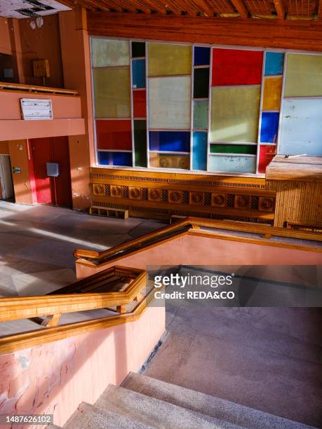 Swimming Pool. Entrance and Stairs Pyramiden. Abandoned Russian Mining Settlement at the Billefjorden. .