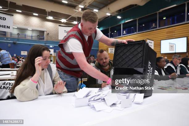 Votes are counted during the Stoke On Trent Election Count And Declaration on May 05, 2023 in Stoke on Trent, England. Elections are being held in...