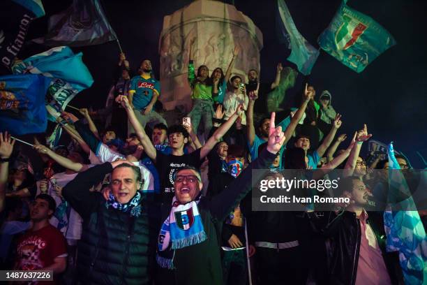 Napoli fans celebrate after winning the Serie A championship on May 04, 2023 in Naples, Italy. SSC Napoli are Champions of Italy after thirty three...