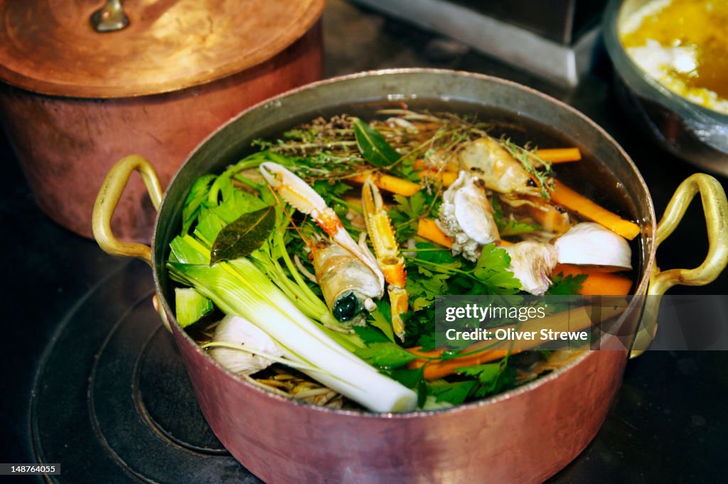 Stock pot in restaurant kitchen.