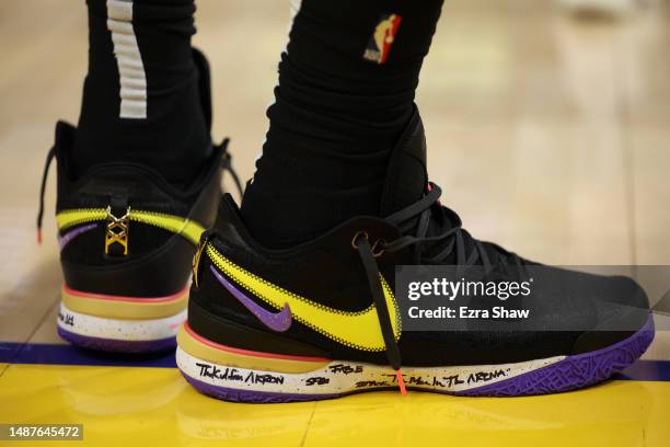 The shoes of LeBron James of the Los Angeles Lakers are seen against the Golden State Warriors during the fourth quarter in game two of the Western...