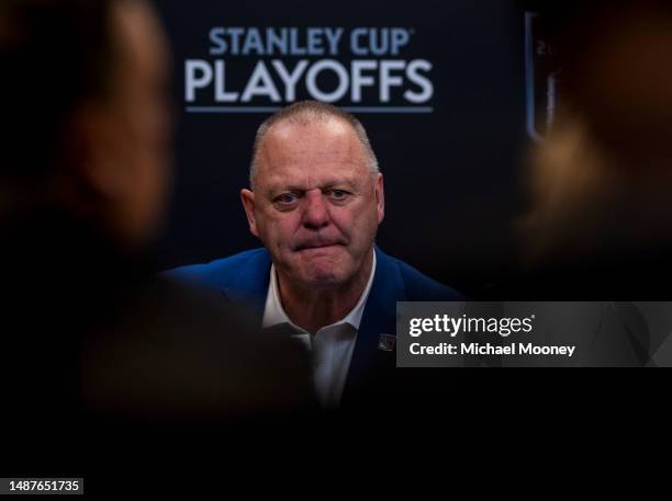 New York Rangers Head Coach Gerard Gallant speaks to the media after the Rangers defeated the New Jersey Devils in Game Six of the First Round of the...