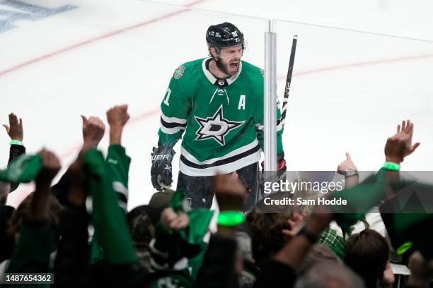 Tyler Seguin of the Dallas Stars celebrates after scoring a goal during the third period against the Seattle Kraken in Game Two of the Second Round...