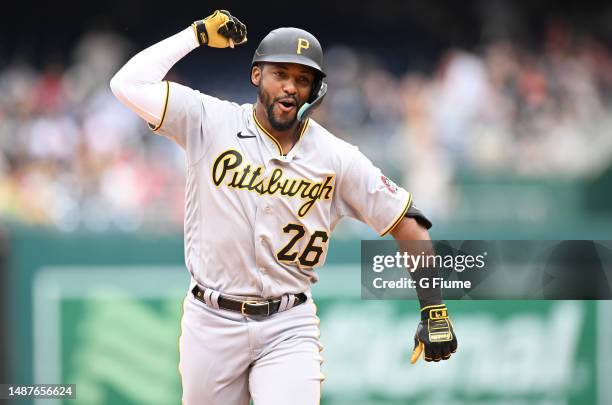 Miguel Andujar of the Pittsburgh Pirates rounds the bases after hitting a home run against the Washington Nationals at Nationals Park on April 29,...