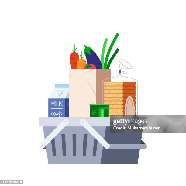 vektorillustration für lebensmitteleinkäufe. milchflasche, dosenbrot und gemüse im warenkorb. - grundnahrungsmittel stock-grafiken, -clipart, -cartoons und -symbole