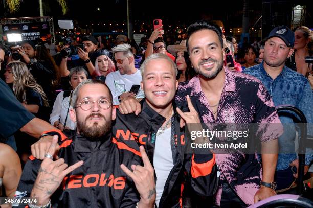 Ricky Montaner, Nio Garcia and Fonsi prepare to compete at the N16 Racing Celebrity E-Sports Tournament at the Red Bull Fan Zone on May 04, 2023 in...