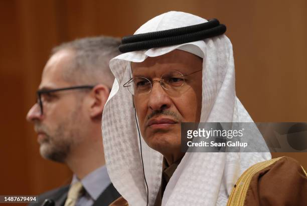 Saudi Arabian Energy Minister Abdulaziz bin Salman Al Saud attends the second and final day of the Petersberg Climate Dialogue on May 3, 2023 in...