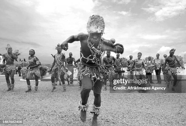 Central African traditional dancers on 13 June 2005, during the inauguration of Central African President Francois Bozize in Bangui.