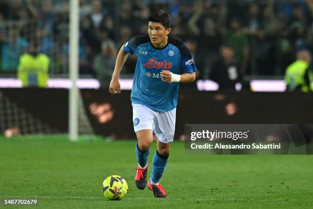 Min-jae Kim of SSC Napoli in action during the Serie A match between Udinese Calcio and SSC Napoli at Dacia Arena on May 04, 2023 in Udine, Italy.