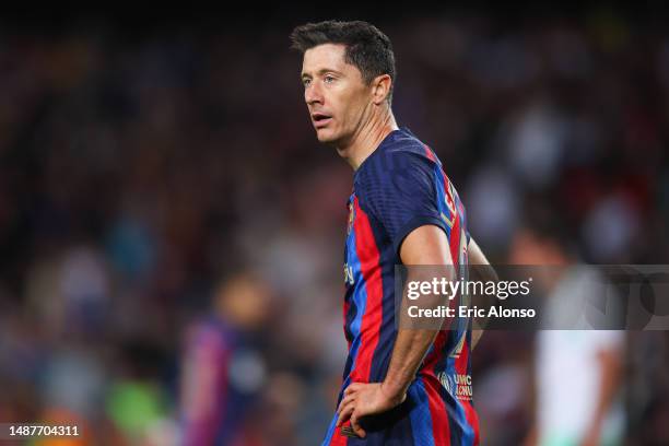 Robert Lewandowski of FC Barcelona looks on during the LaLiga Santander match between FC Barcelona and CA Osasuna at Spotify Camp Nou on May 02, 2023...