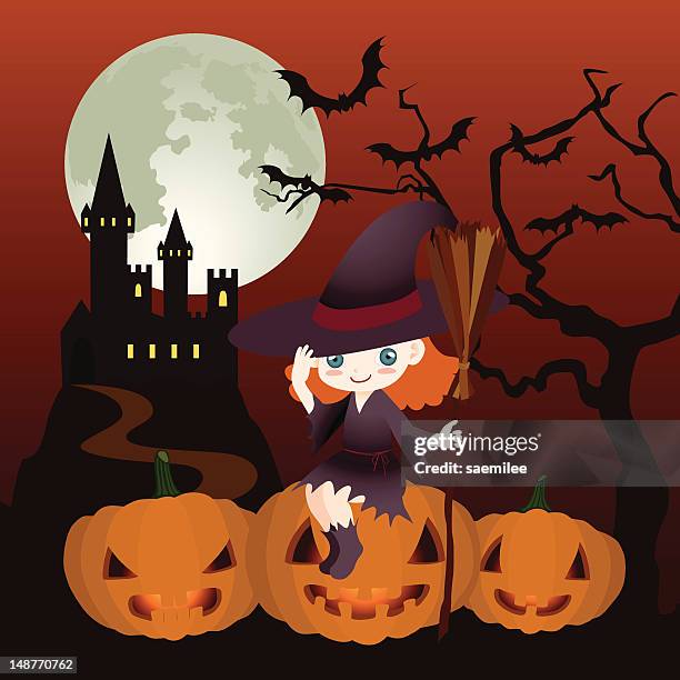 stockillustraties, clipart, cartoons en iconen met halloween night - girl full moon