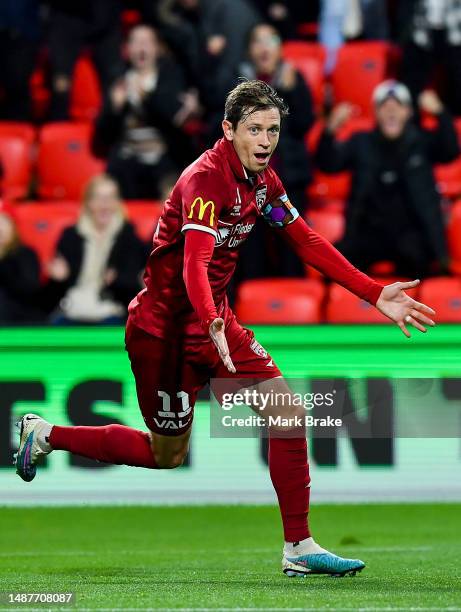 Craig Goodwin of Adelaide United celebrates after scoring his teams first goal during the A-League Men's Elimination Final match between Adelaide...