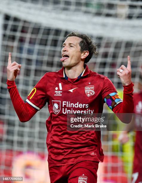 Craig Goodwin of Adelaide United celebrates after scoring his teams first goal during the A-League Men's Elimination Final match between Adelaide...