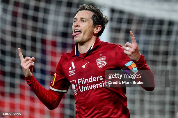 Craig Goodwin of Adelaide United celebrates after scoring his teams first goal during the A-League Men's Elimination Final match between Adelaide...