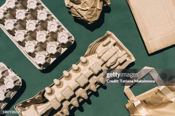 biodegradable paper garbage, cardboard top view, flat lay. - biodegradable packaging stock pictures, royalty-free photos & images