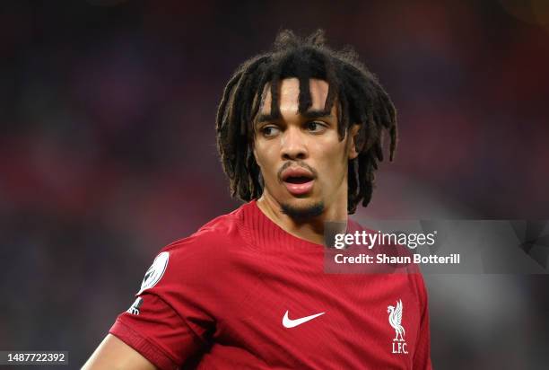 Trent Alexander-Arnold of Liverpool during the Premier League match between Liverpool FC and Fulham FC at Anfield on May 03, 2023 in Liverpool,...