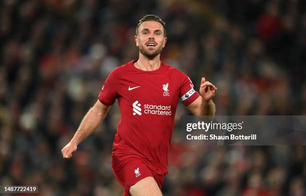 Jordan Henderson of Liverpool during the Premier League match between Liverpool FC and Fulham FC at Anfield on May 03, 2023 in Liverpool, England.