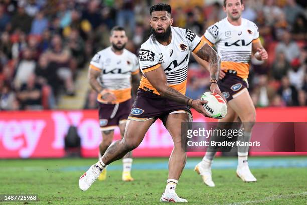 Payne Haas of the Broncos passes the ball during the round 10 NRL match between Manly Sea Eagles and Brisbane Broncos at Suncorp Stadium on May 05,...