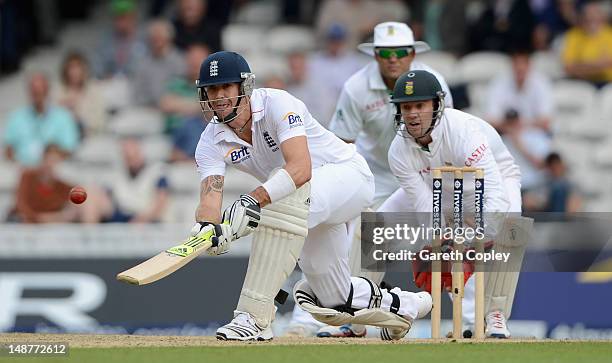 Kevin Pietersen of England bats during day one of the 1st Investec Test match between England and South Africa at The Kia Oval on July 19, 2012 in...