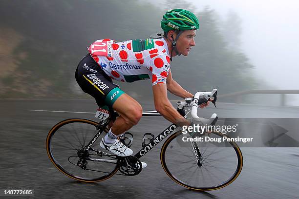 Thomas Voeckler of France riding for Europcar descends the Col de Mente as he defended the king of the mountains polka dot jersey during stage...