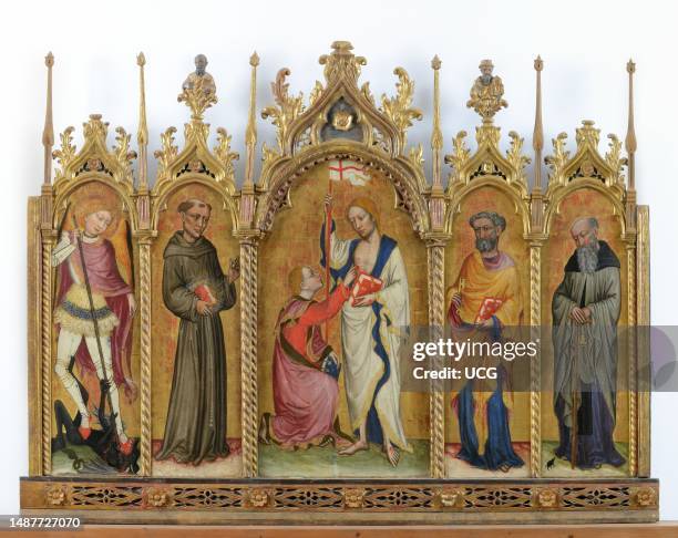 Mombaroccio , Blessed Saints Sanctuary, Zanino di Pietro polyptych, central part Incredulity of Saint Thomas, on the left Saint Michael the Archangel...