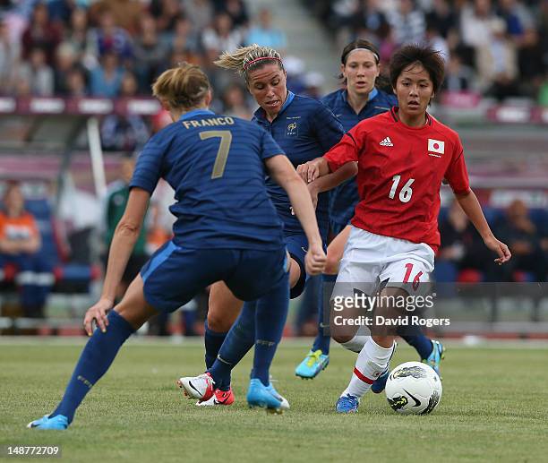 Mana Iwabuchi of Japan runs with the bal during the friendly international match between Japan Women and France Women at Stade Charlety on July 19,...