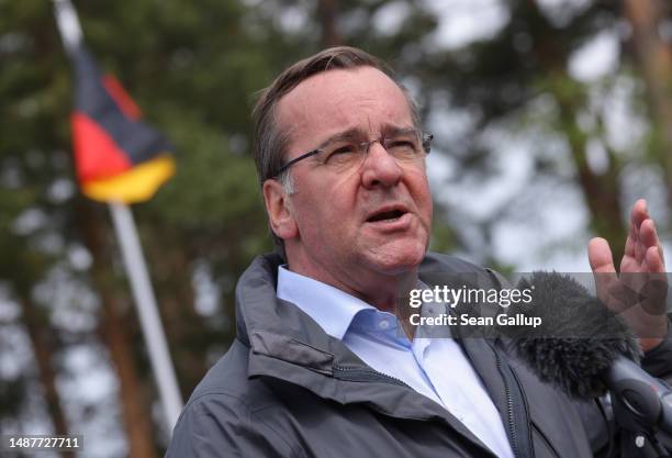 German Defence Minister Boris Pistorius speaks to the media while visiting the training of Ukrainian tank crews on the Leopard 1A5 main battle tank...