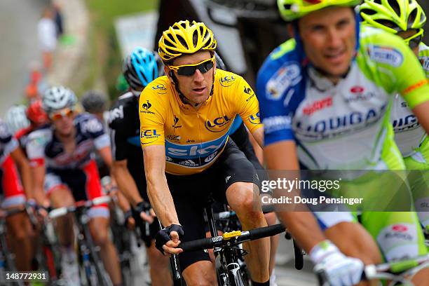 Bradley Wiggins of Great Britain riding for Sky Procycling defends the race leader's yellow jersey during stage seventeen of the 2012 Tour de France...