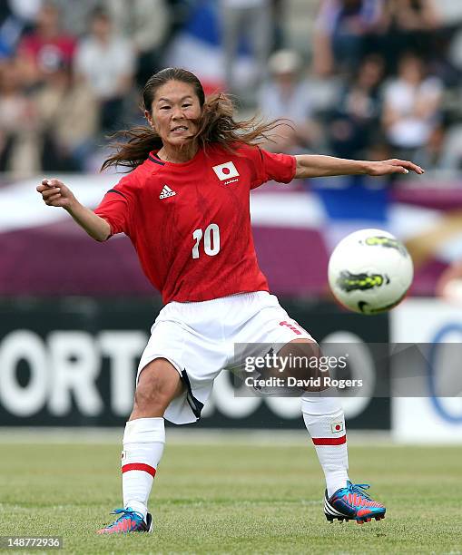 Homare Sawa of Japan passes the ball during the friendly international match between Japan Women and France Women at Stade Charlety on July 19, 2012...