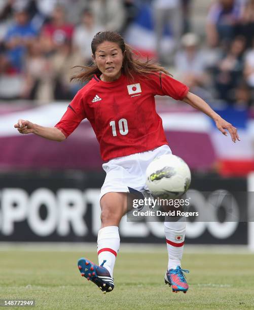 Homare Sawa of Japan passes the ball during the friendly international match between Japan Women and France Women at Stade Charlety on July 19, 2012...