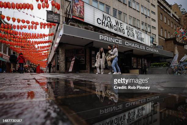 Is seen written out on the letter board outside the Prince Charles Cinema in Leicester Square as preparations continue for The Coronation on May 05,...