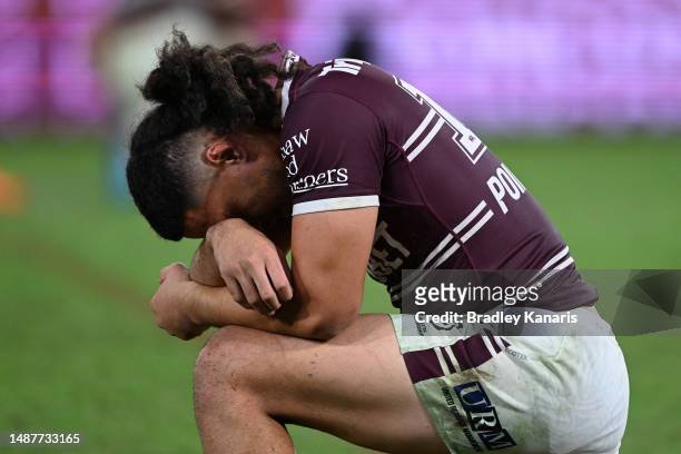 Haumole Olakau'atu of the Sea Eagles reacts at full-time after the round 10 NRL match between Manly Sea Eagles and Brisbane Broncos at Suncorp...