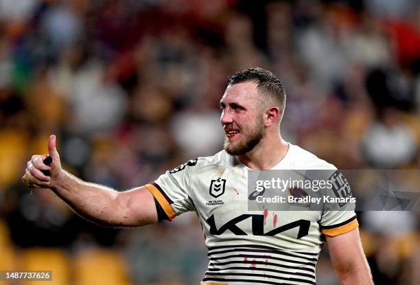 Kurt Capewell of the Broncos thanks the crowd as he is assisted off the field for a HIA during the round 10 NRL match between Manly Sea Eagles and...