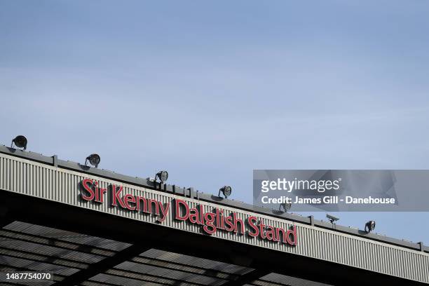 General view of signage for the Kenny Dalglish stand is seen prior to the Premier League match between Liverpool FC and Fulham FC at Anfield on May...
