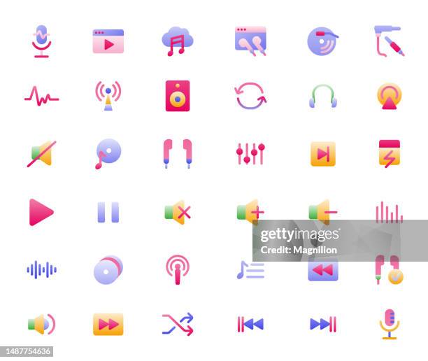 audio icons flat gradient set - pause button stock illustrations