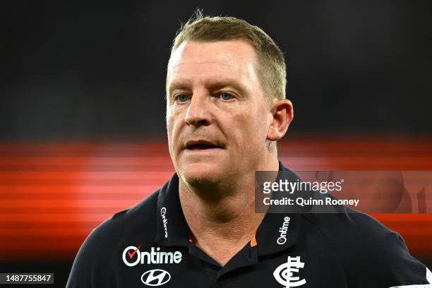 Blues head coach Michael Voss looks on during the round eight AFL match between Carlton Blues and Brisbane Lions at Marvel Stadium, on May 05 in...