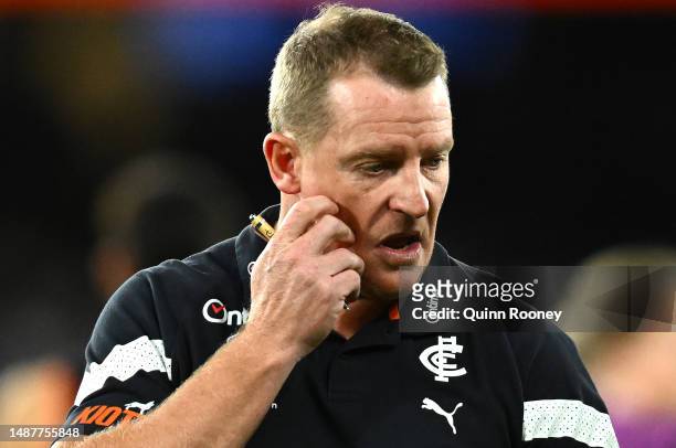 Blues head coach Michael Voss looks o during the round eight AFL match between Carlton Blues and Brisbane Lions at Marvel Stadium, on May 05 in...
