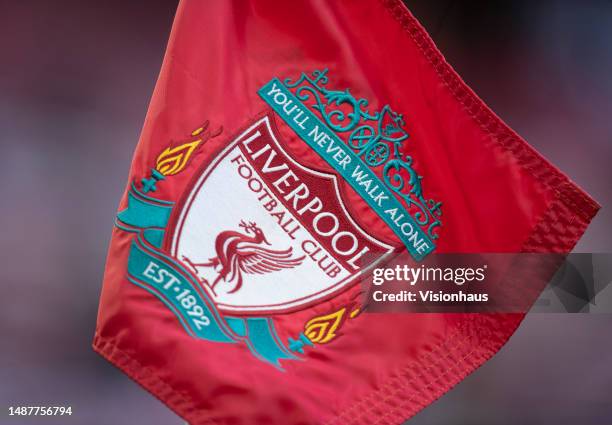 The official Liverpool FC club badge on a corner flag during the Premier League match between Liverpool FC and Fulham FC at Anfield on May 3, 2023 in...