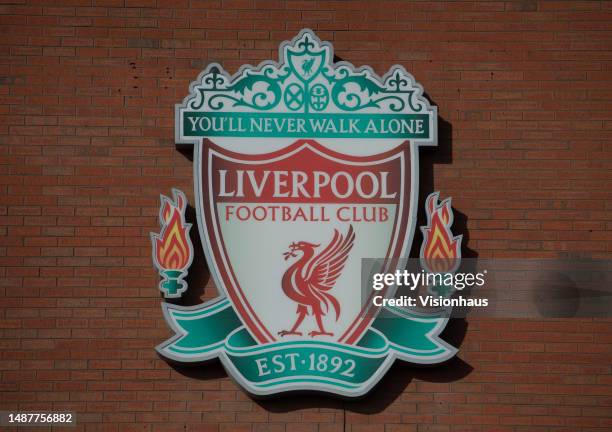 The Liverpool FC badge on the outside of Anfield stadium ahead of the Premier League match between Liverpool FC and Fulham FC at Anfield on May 3,...