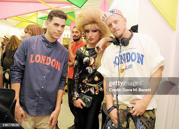 Jodie Harsh with DJ's Fatherhood attend the launch of the Opening Ceremony Pop-Up Store in Covent Garden on July 19, 2012 in London, England.