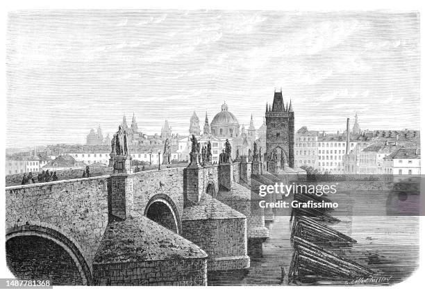 charles bridge in prague czech republic illustration 1866 - charles bridge stock illustrations