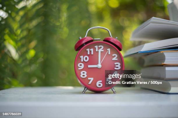 red alarm clock with book on home nature garden background,romania - uhrzeiger stock-fotos und bilder