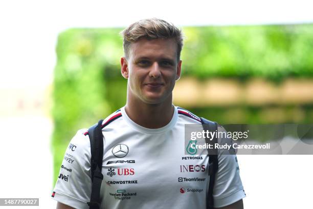 Mick Schumacher of Germany, Reserve Driver of Mercedes walks in the Paddock prior to practice ahead of the F1 Grand Prix of Miami at Miami...