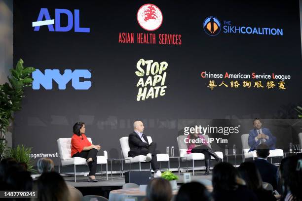 Elaine Quijano, Jonathan Greenblatt, Anisha Singh, and Amol N. Sinha participate in the "Building Coalitions to Fight Hate" panel during the TAAF...
