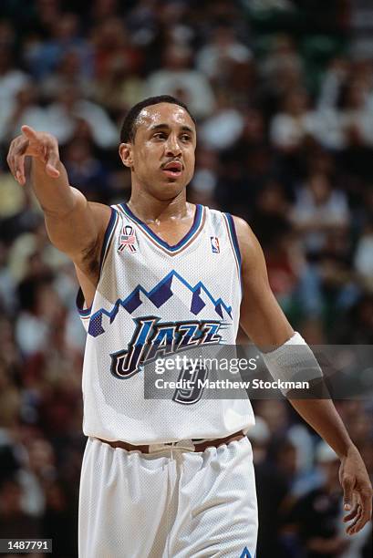 Utah Jazz guard John Starks calls a play during the NBA game against the Seattle SuperSonics at the Delta Center in Salt Lake City Utah. The...