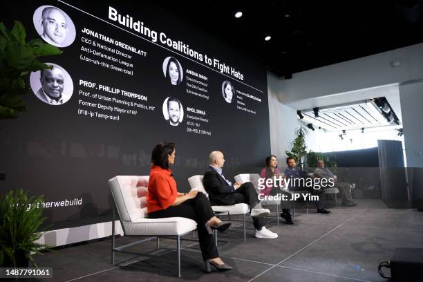 Elaine Quijano, Jonathan Greenblatt, Anisha Singh, Amol N. Sinha, and J. Phillip Thompson participate in the "Building Coalitions to Fight Hate"...