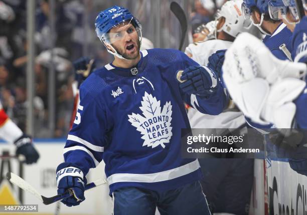 Alexander Kerfoot of the Toronto Maple Leafs celebrates a goal against the Florida Panthers during Game Two of the Second Round of the 2023 Stanley...