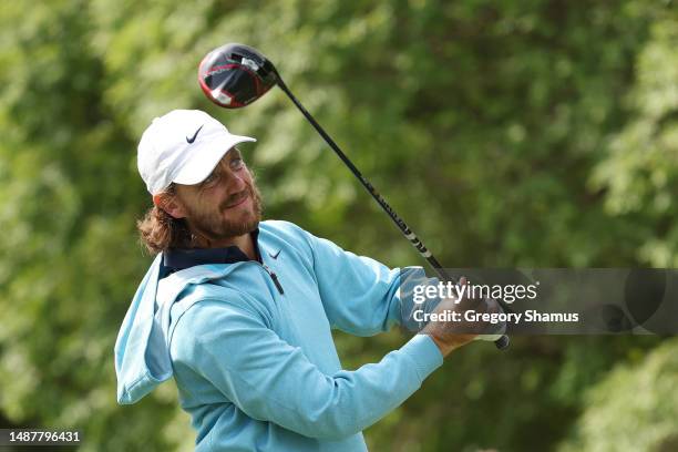 Tommy Fleetwood of England watches his tee shot on the third hole during the second round of the Wells Fargo Championship at Quail Hollow Country...