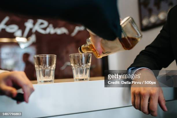 two guys at the bar drink whiskey from crystal glasses,romania - goldbarren stockfoto's en -beelden